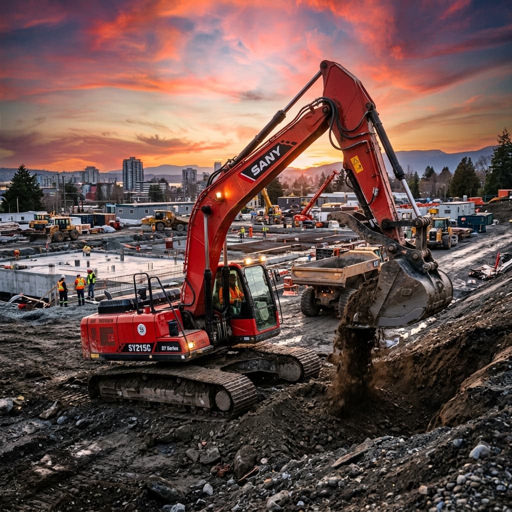 SANY heavy excavator machine working on a large construction site in Uzbekistan
